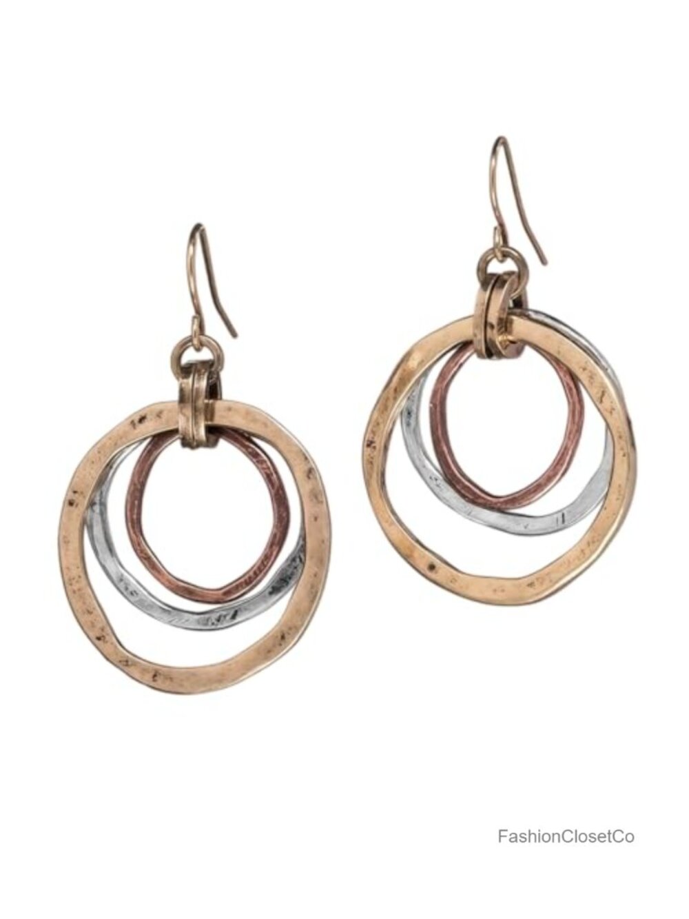 Mixed Metal Tri-Tone Hammered Dangle Earrings Boho Drop